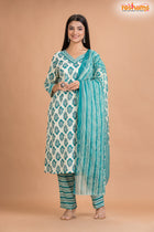 WHITE GREEN COTTON KURTI Three Piece