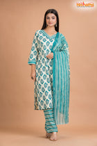 WHITE GREEN COTTON KURTI Three Piece