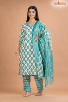 WHITE GREEN COTTON KURTI Three Piece