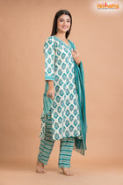 WHITE GREEN COTTON KURTI Three Piece