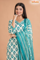 WHITE GREEN COTTON KURTI Three Piece