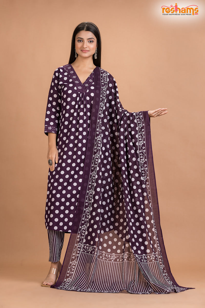 DEEP PURPLE  COTTON KURTI Three Piece