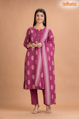 PURPLE PINK COTTON KURTI Three Piece