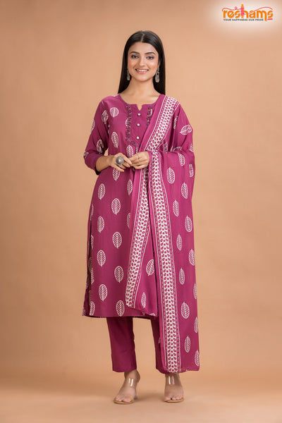 PURPLE PINK COTTON KURTI Three Piece