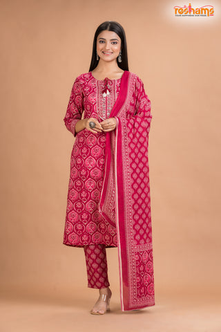 PINK PRINT COTTON KURTI Three Piece