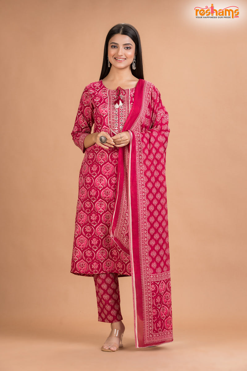 PINK PRINT COTTON KURTI Three Piece