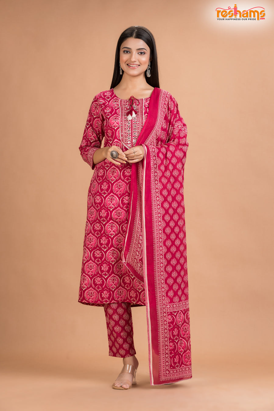 PINK PRINT COTTON KURTI Three Piece
