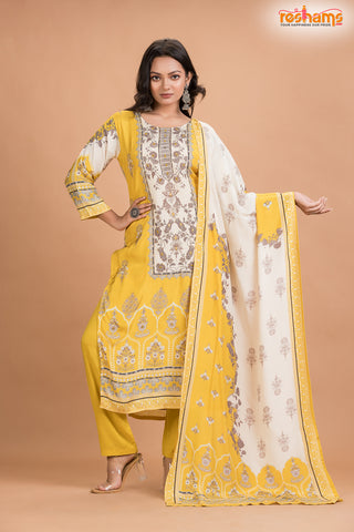 YELLOW FLORAL SHIMMER SILK  KURTI Three Piece