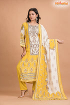 YELLOW FLORAL SHIMMER SILK  KURTI Three Piece