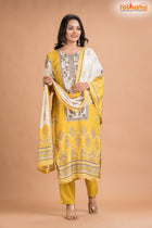 YELLOW FLORAL SHIMMER SILK  KURTI Three Piece