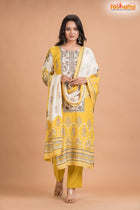 YELLOW FLORAL SHIMMER SILK  KURTI Three Piece