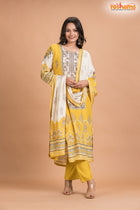 YELLOW FLORAL SHIMMER SILK  KURTI Three Piece