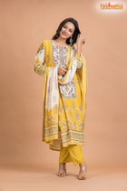 YELLOW FLORAL SHIMMER SILK  KURTI Three Piece