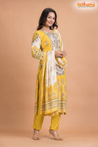 YELLOW FLORAL SHIMMER SILK  KURTI Three Piece