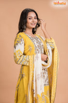 YELLOW FLORAL SHIMMER SILK  KURTI Three Piece