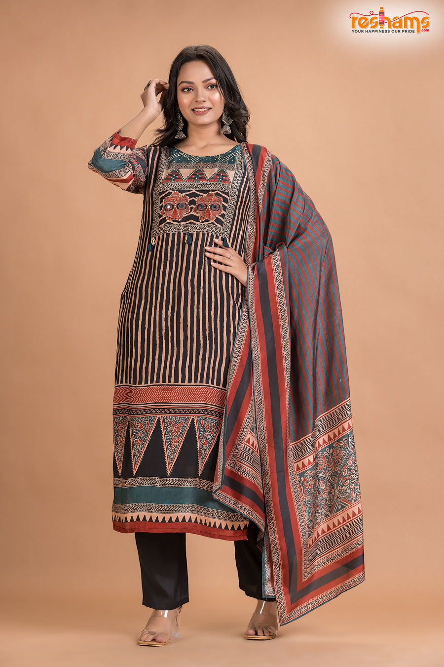 BLACK MULTICOLOR SHIMMER SILK KURTI Three Piece