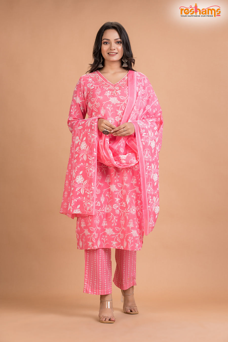 LIGHT PINK FLORAL COTTON KURTI Three Piece