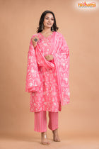 LIGHT PINK FLORAL COTTON KURTI Three Piece
