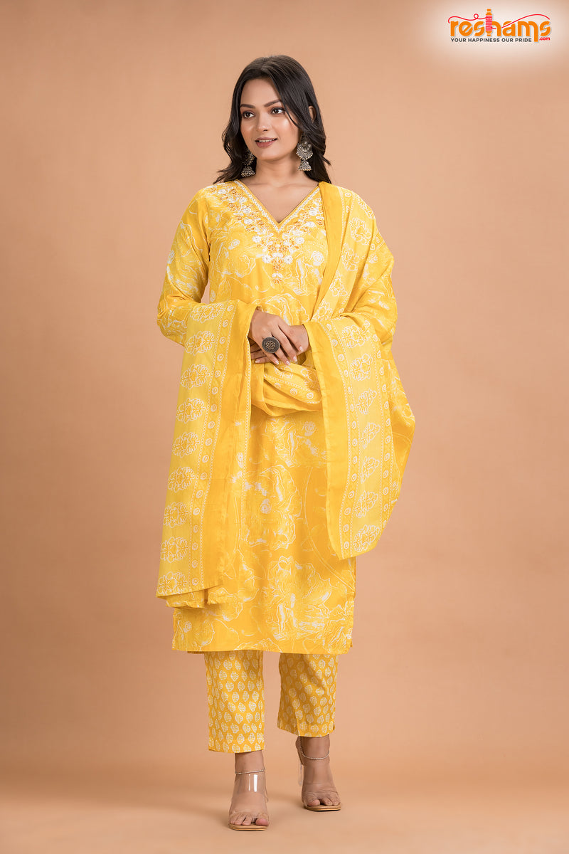 LIGHT YELLOW FLORAL COTTON KURTI Three Piece