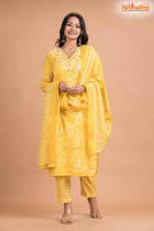 LIGHT YELLOW FLORAL COTTON KURTI Three Piece
