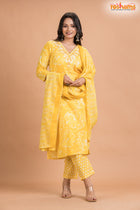 LIGHT YELLOW FLORAL COTTON KURTI Three Piece