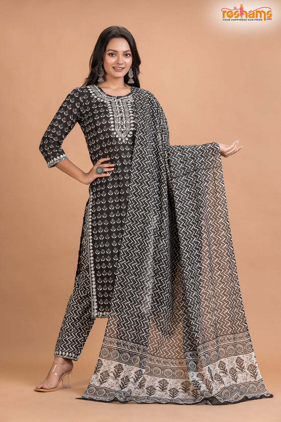 BLACK WHITE COTTON KURTI Three Piece