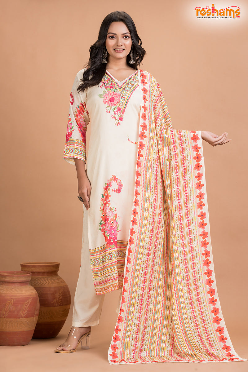 WHITE FLORAL SHIMMER SILK  KURTI Three Piece