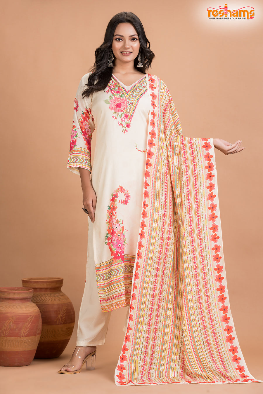 WHITE FLORAL SHIMMER SILK  KURTI Three Piece