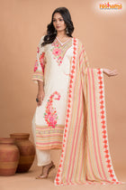 WHITE FLORAL SHIMMER SILK  KURTI Three Piece