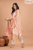 WHITE FLORAL SHIMMER SILK  KURTI Three Piece