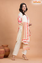 WHITE FLORAL SHIMMER SILK  KURTI Three Piece