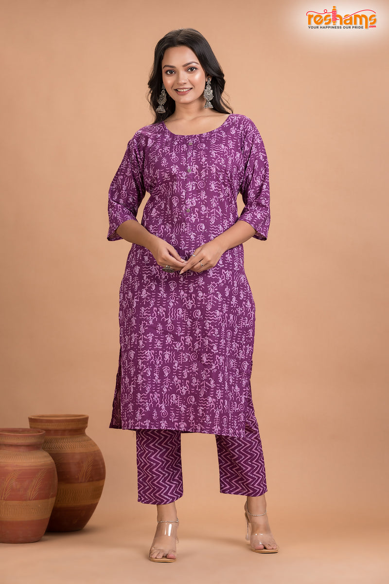 PURPLE PRINT COTTON KURTI Two Piece