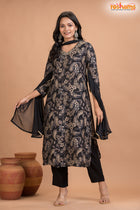 BLACK FLORAL SHIMMER SILK KURTI Three Piece