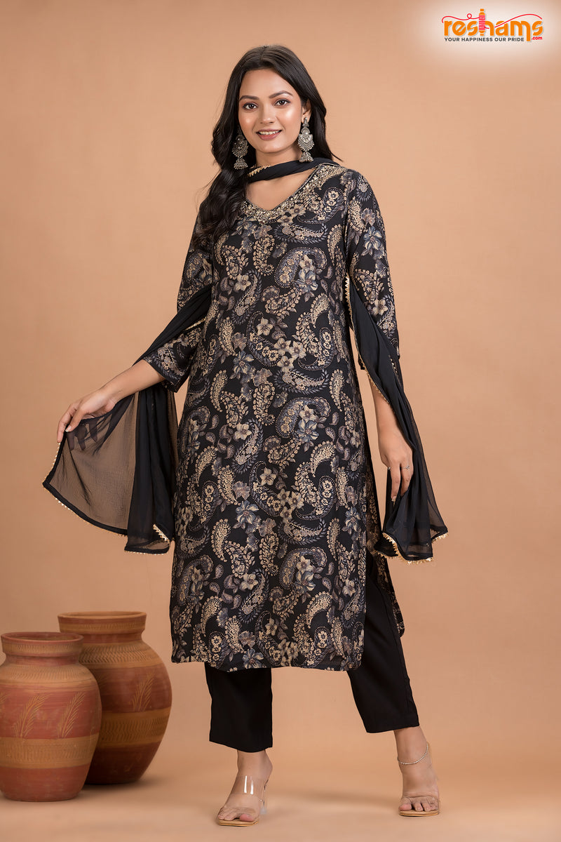BLACK FLORAL SHIMMER SILK KURTI Three Piece