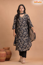 BLACK FLORAL SHIMMER SILK KURTI Three Piece