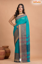Pondicherry Cotton, Handloom Saree with Traditional Design in Green Blue