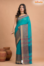 Pondicherry Cotton, Handloom Saree with Traditional Design in Green Blue