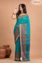 Pondicherry Cotton, Handloom Saree with Traditional Design in Green Blue