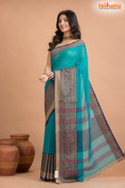 Pondicherry Cotton, Handloom Saree with Traditional Design in Green Blue