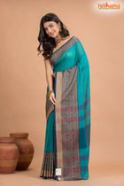 Pondicherry Cotton, Handloom Saree with Traditional Design in Green Blue