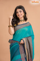 Pondicherry Cotton, Handloom Saree with Traditional Design in Green Blue