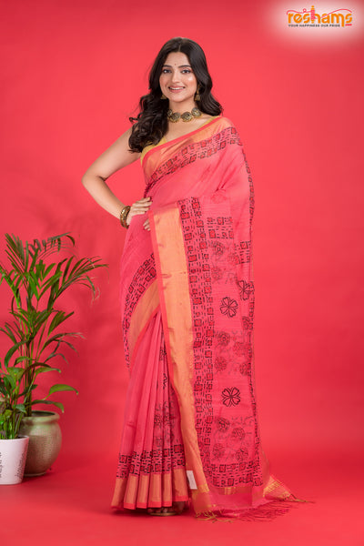 LINEN Handpaint Pink Red saree trendy discount