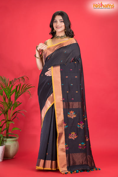 ASSAM COTTON OFF BLACK saree