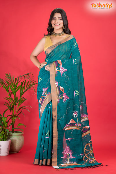 LINEN Handpaint Deep Green saree trendy discount