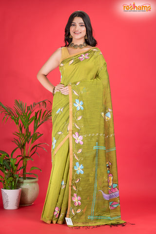 LINEN Handpaint Yellow Green saree trendy