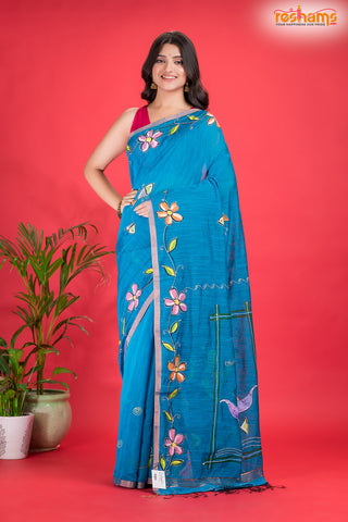 LINEN Handpaint Skyblue saree trendy