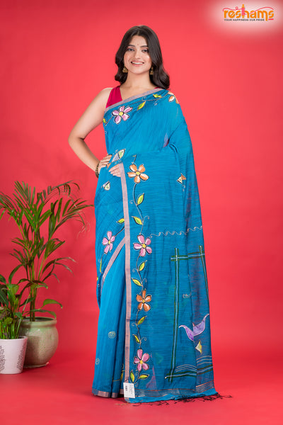 LINEN Handpaint Skyblue saree trendy discount
