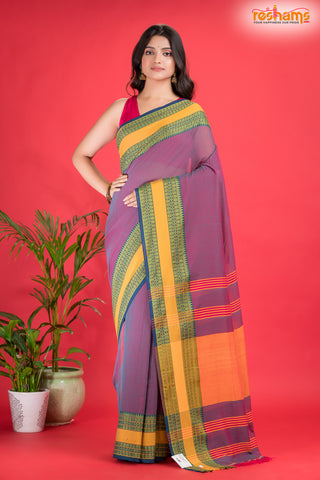 Pondicherry Cotton, Handloom Saree with Traditional Design in Purple  Yellow