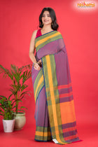 Pondicherry Cotton, Handloom Saree with Traditional Design in Purple  Yellow