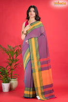 Pondicherry Cotton, Handloom Saree with Traditional Design in Purple  Yellow